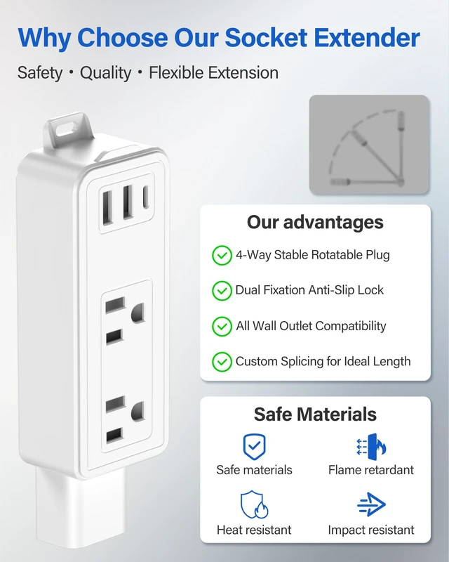 Alt view image 6 of 7 - BUEBEO Electrical Outlet Extender Stick, Expandable 17.5"-36" with USB C | Adjustable Wall Outlet, 3-Stick Modular Design with 4-Way Plug, 2AC+2USB-A+USB-C for Hard-to-Reach Outlets Behind Furniture