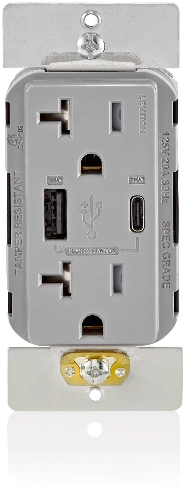 Main image of Leviton Decora 60W USB-A/C PD Wall Outlet, 20A TR Receptacle AC2P6-GY Gray | Power Delivery for Ultra-Fast Charging for Laptops, Smartphones, Tablets and Other USB-C Devices