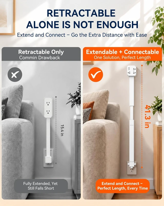Alt view image 2 of 7 - BUEBEO Outlet Extender Stick, Retractable with Extension Rod, 19.2"-41.3" | Extra-Long Adjustable Outlet Extender with 4-Way Plug, 3AC+2USB-A+USB-C for Hard-to-Reach Outlets Behind Furniture