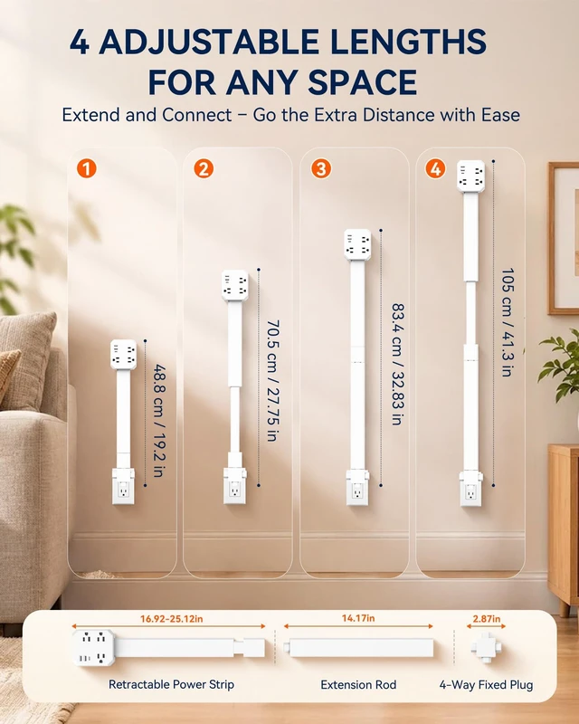 Alt view image 3 of 7 - BUEBEO Outlet Extender Stick, Retractable with Extension Rod, 19.2"-41.3" | Extra-Long Adjustable Outlet Extender with 4-Way Plug, 3AC+2USB-A+USB-C for Hard-to-Reach Outlets Behind Furniture