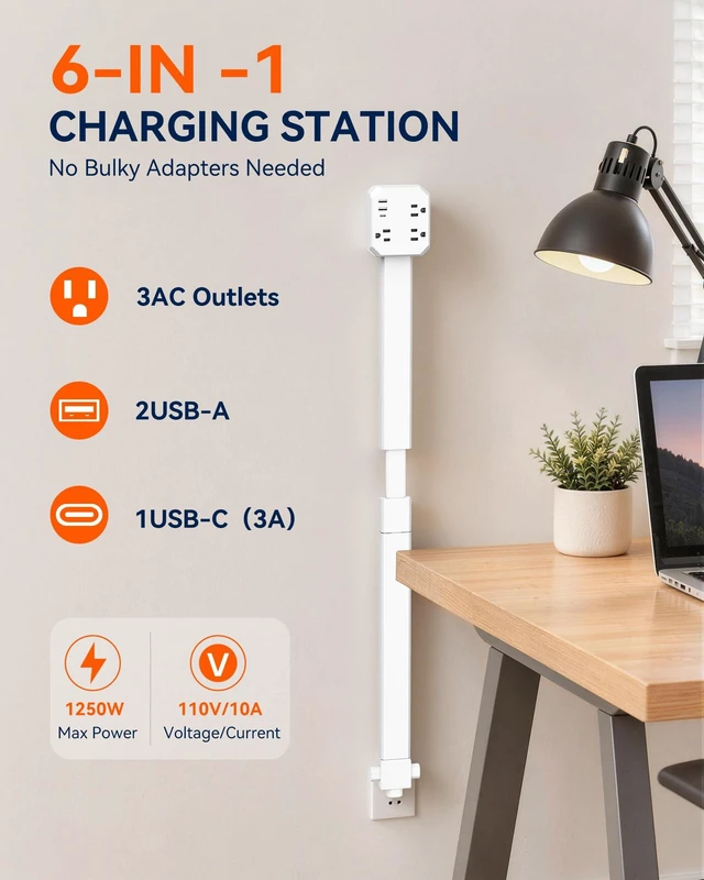 Alt view image 4 of 7 - BUEBEO Outlet Extender Stick, Retractable with Extension Rod, 19.2"-41.3" | Extra-Long Adjustable Outlet Extender with 4-Way Plug, 3AC+2USB-A+USB-C for Hard-to-Reach Outlets Behind Furniture