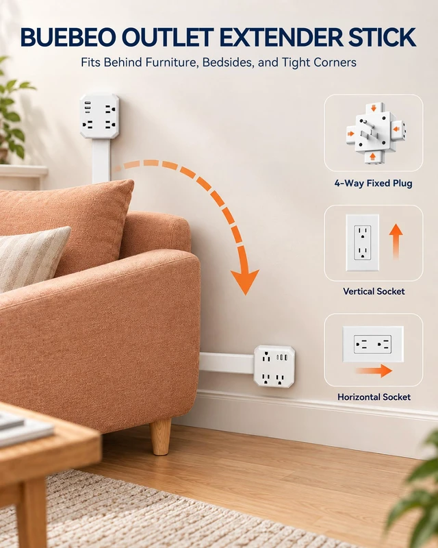 Alt view image 5 of 7 - BUEBEO Outlet Extender Stick, Retractable with Extension Rod, 19.2"-41.3" | Extra-Long Adjustable Outlet Extender with 4-Way Plug, 3AC+2USB-A+USB-C for Hard-to-Reach Outlets Behind Furniture