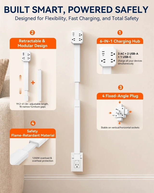 Alt view image 6 of 7 - BUEBEO Outlet Extender Stick, Retractable with Extension Rod, 19.2"-41.3" | Extra-Long Adjustable Outlet Extender with 4-Way Plug, 3AC+2USB-A+USB-C for Hard-to-Reach Outlets Behind Furniture