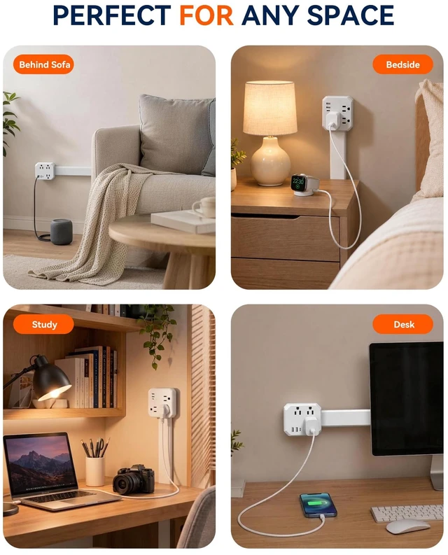 Alt view image 7 of 7 - BUEBEO Outlet Extender Stick, Retractable with Extension Rod, 19.2"-41.3" | Extra-Long Adjustable Outlet Extender with 4-Way Plug, 3AC+2USB-A+USB-C for Hard-to-Reach Outlets Behind Furniture