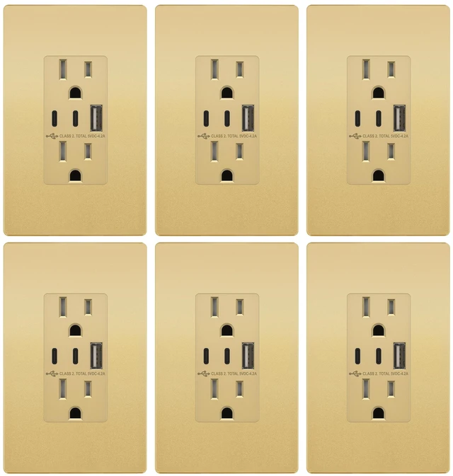 Main image of TOPGREENER 4.2A Dual Type C&A USB Wall Outlet, Charging Power Receptacle | 21W, Gold, 6 Pack, Screwless Wall Plate, UL Listed, Residential Grade, Tamper-Resistant Child-Safe, 3-year Support