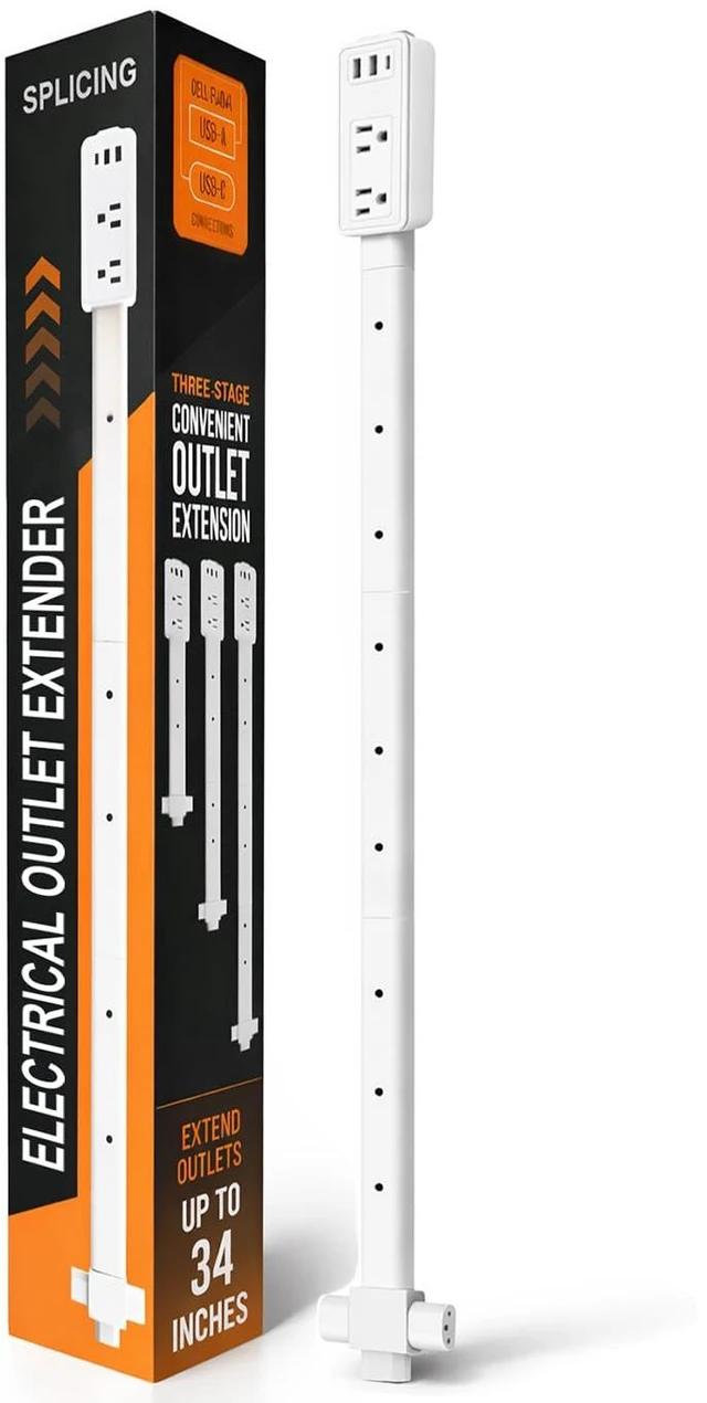 Main image of Electrical Outlet Extender Stick Features 2 USB-A, 1 USB-C and 2 AC Outlets,Can Extend in Four Directions,Segmented Extension,Extends 17"/26"/35",Wall Outlets Expander Nightstands (Starlight White)