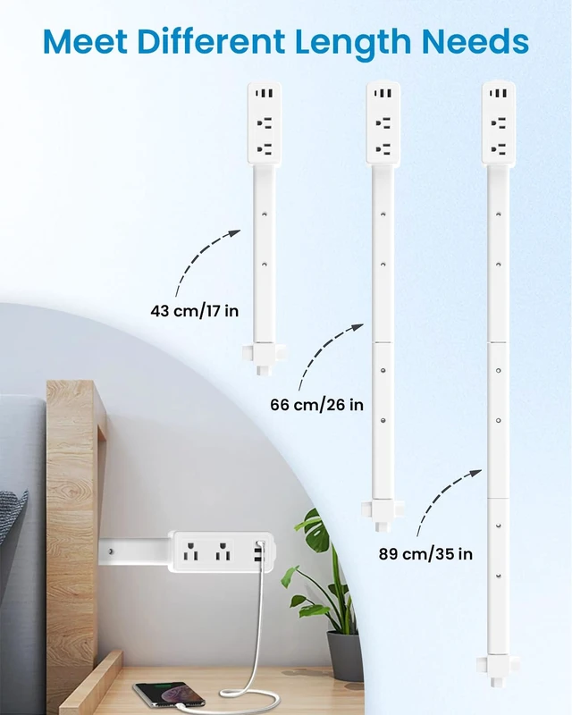 Alt view image 3 of 7 - Electrical Outlet Extender Stick Features 2 USB-A, 1 USB-C and 2 AC Outlets,Can Extend in Four Directions,Segmented Extension,Extends 17"/26"/35",Wall Outlets Expander Nightstands (Starlight White)