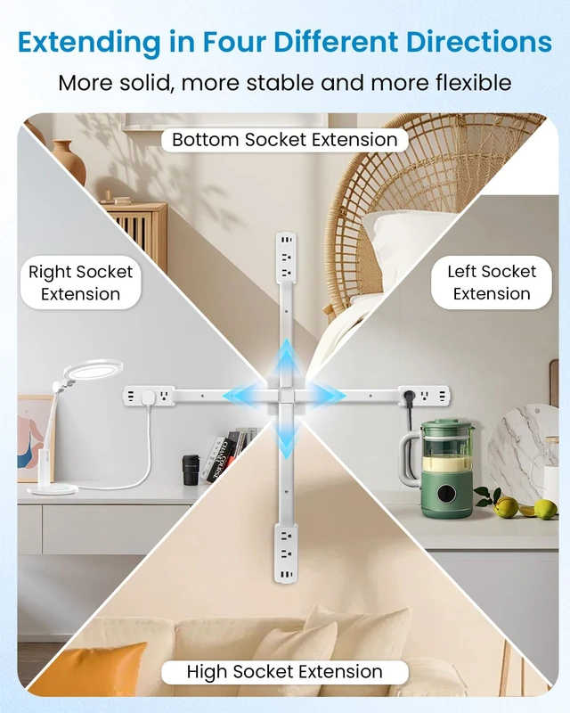 Alt view image 5 of 7 - Electrical Outlet Extender Stick Features 2 USB-A, 1 USB-C and 2 AC Outlets,Can Extend in Four Directions,Segmented Extension,Extends 17"/26"/35",Wall Outlets Expander Nightstands (Starlight White)