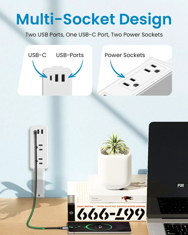 Alt view image 4 of 7 - Electrical Outlet Extender Stick Features 2 USB-A, 1 USB-C and 2 AC Outlets,Can Extend in Four Directions,Segmented Extension,Extends 17"/26"/35",Wall Outlets Expander Nightstands (Starlight White)