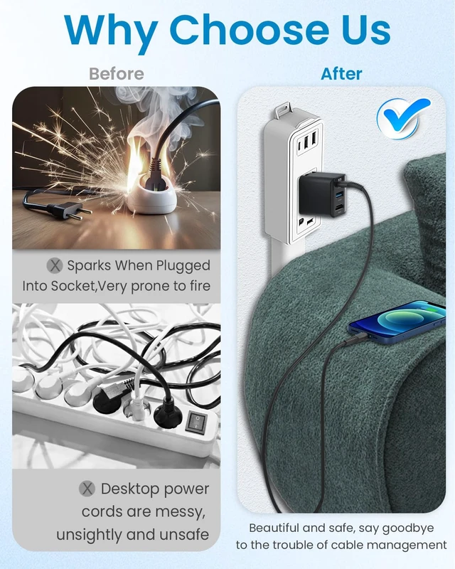 Alt view image 7 of 7 - Electrical Outlet Extender Stick Features 2 USB-A, 1 USB-C and 2 AC Outlets,Can Extend in Four Directions,Segmented Extension,Extends 17"/26"/35",Wall Outlets Expander Nightstands (Starlight White)