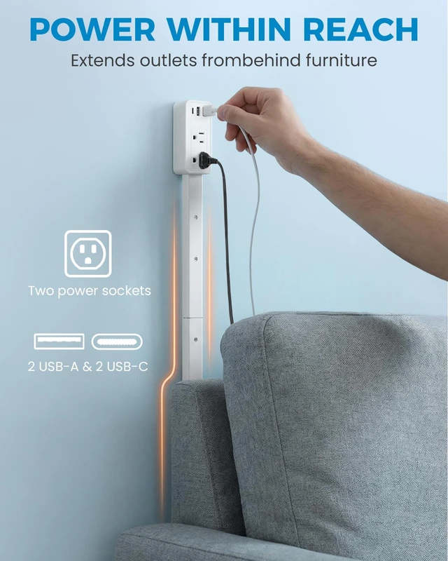 Alt view image 2 of 7 - Electrical Outlet Extender Stick Features 2 USB-A, 1 USB-C and 2 AC Outlets,Can Extend in Four Directions,Segmented Extension,Extends 17"/26"/35",Wall Outlets Expander Nightstands (Starlight White)