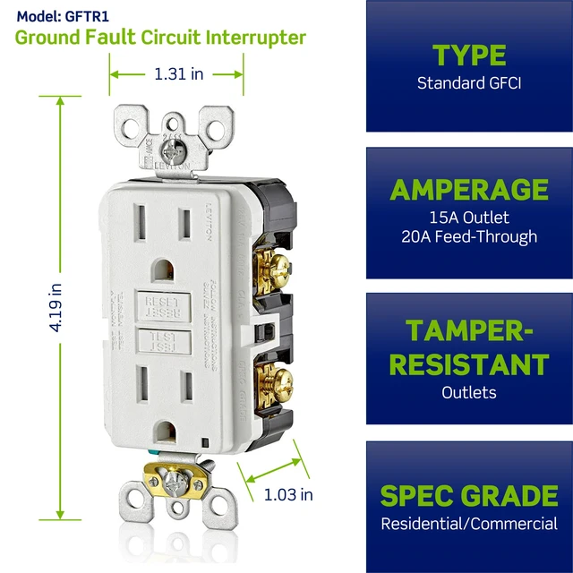 Alt view image 5 of 7 - Leviton 15A-125V Extra-Heavy Duty Hospital Grade Tamper-Resistant Duplex Self-Test GFCI Receptacle, 15-Amp, GFTR1-HGW, White