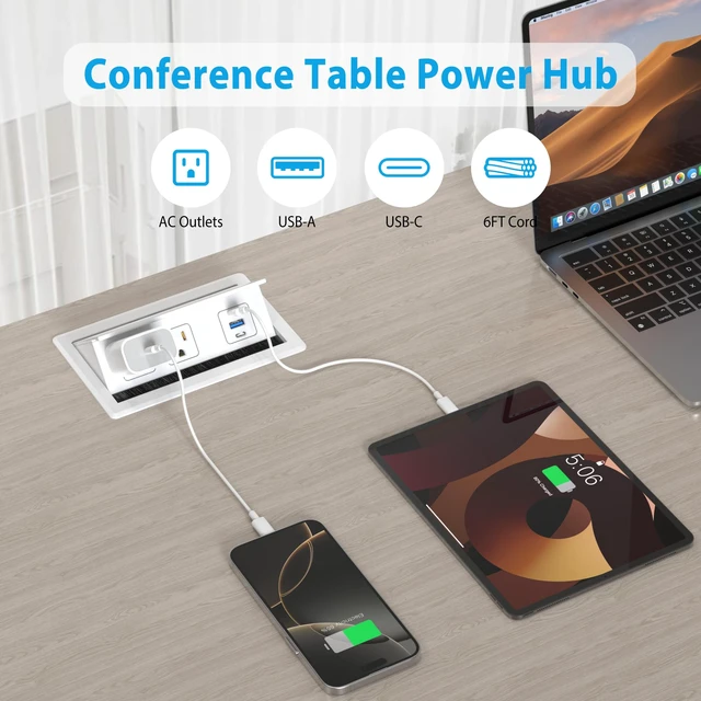 Alt view image 2 of 7 - Table Power Outlet Hub PD20W USB-C Fast Charging Station | Recessed Outlet with 2AC Outlets and USB Ports for Conference Room Kitchen Countertop, White