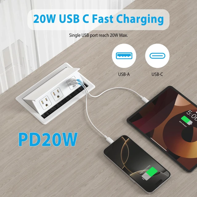 Alt view image 3 of 7 - Table Power Outlet Hub PD20W USB-C Fast Charging Station | Recessed Outlet with 2AC Outlets and USB Ports for Conference Room Kitchen Countertop, White