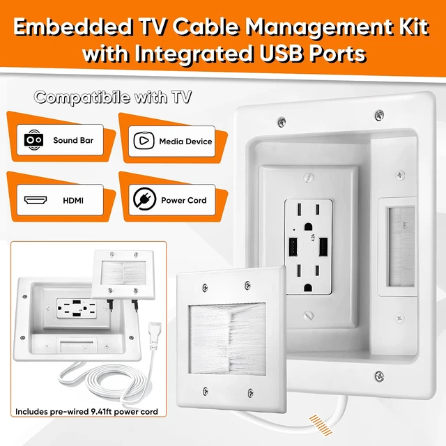 Alt view image 2 of 7 - in Wall Cable Management Kit with Brush Wall Plate, AC Outlet & USB-A Port | Integrated Embedded Design, Perfectly Compatible with Structured Cabling