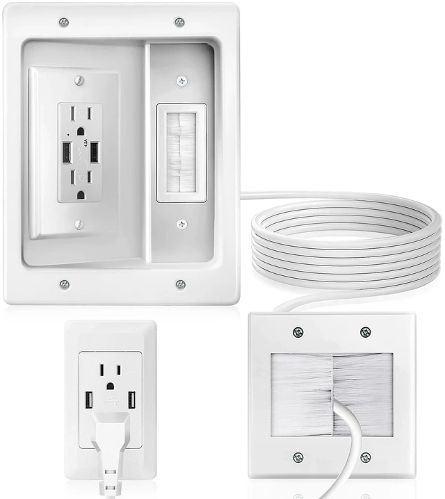 Main image of in Wall Cable Management Kit with Brush Wall Plate, AC Outlet & USB-A Port | Integrated Embedded Design, Perfectly Compatible with Structured Cabling