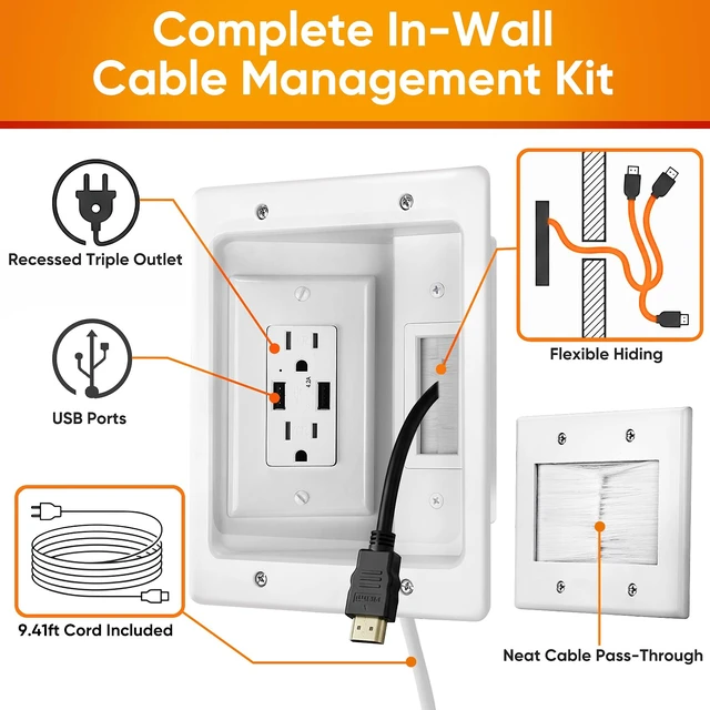 Alt view image 3 of 7 - in Wall Cable Management Kit with Brush Wall Plate, AC Outlet & USB-A Port | Integrated Embedded Design, Perfectly Compatible with Structured Cabling