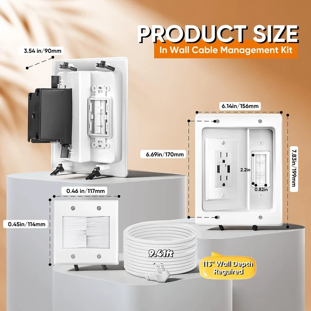 Alt view image 7 of 7 - in Wall Cable Management Kit with Brush Wall Plate, AC Outlet & USB-A Port | Integrated Embedded Design, Perfectly Compatible with Structured Cabling