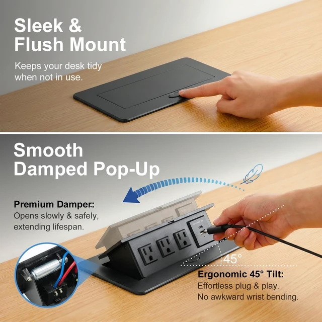 Alt view image 2 of 7 - Pop-Up Desk Power Hub 3 AC Outlets USB-A and USB-C PD | 45-degree damped pop-up hub with 3 AC outlets, 20W USB-C PD and USB-A charging in an aluminum housing