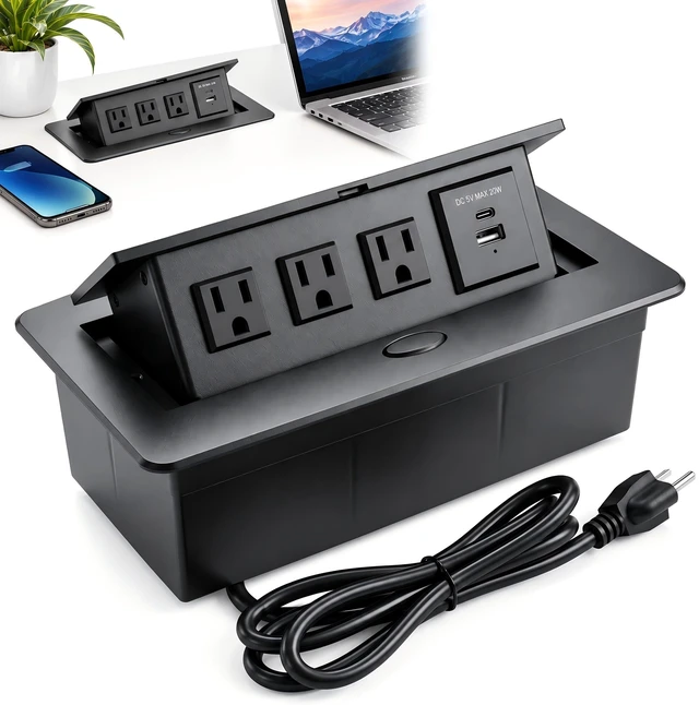 Main image of Pop-Up Desk Power Hub 3 AC Outlets USB-A and USB-C PD | 45-degree damped pop-up hub with 3 AC outlets, 20W USB-C PD and USB-A charging in an aluminum housing