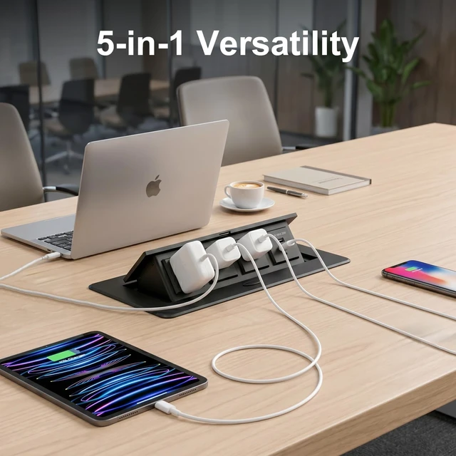Alt view image 3 of 7 - Pop-Up Desk Power Hub 3 AC Outlets USB-A and USB-C PD | 45-degree damped pop-up hub with 3 AC outlets, 20W USB-C PD and USB-A charging in an aluminum housing