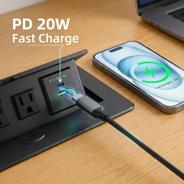 Alt view image 4 of 7 - Pop-Up Desk Power Hub 3 AC Outlets USB-A and USB-C PD | 45-degree damped pop-up hub with 3 AC outlets, 20W USB-C PD and USB-A charging in an aluminum housing