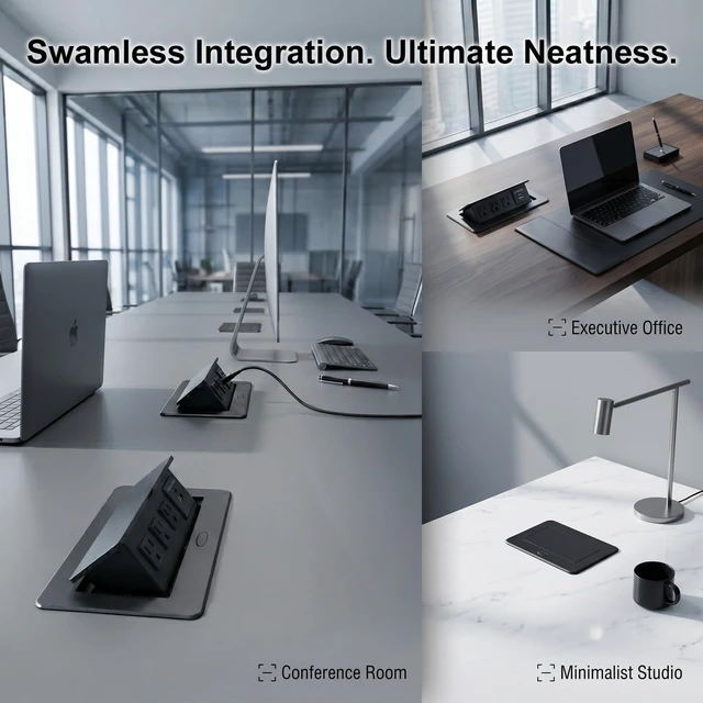 Alt view image 7 of 7 - Pop-Up Desk Power Hub 3 AC Outlets USB-A and USB-C PD | 45-degree damped pop-up hub with 3 AC outlets, 20W USB-C PD and USB-A charging in an aluminum housing