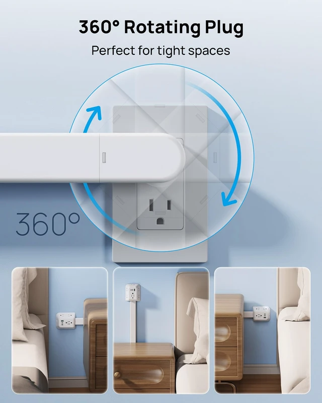 Alt view image 4 of 7 - TROND Outlet Extender Stick with 360 Rotating Plug - Surge Protector Outlet | 5 Sockets and 2 PD20W USB C Charger, 1440 Joule, 3 Modular Electrical Extendable Stick to Extend 16"-39" Behind Furnitures