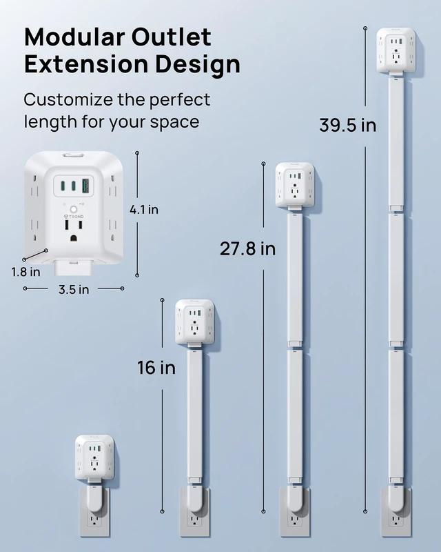 Alt view image 5 of 7 - TROND Outlet Extender Stick with 360 Rotating Plug - Surge Protector Outlet | 5 Sockets and 2 PD20W USB C Charger, 1440 Joule, 3 Modular Electrical Extendable Stick to Extend 16"-39" Behind Furnitures