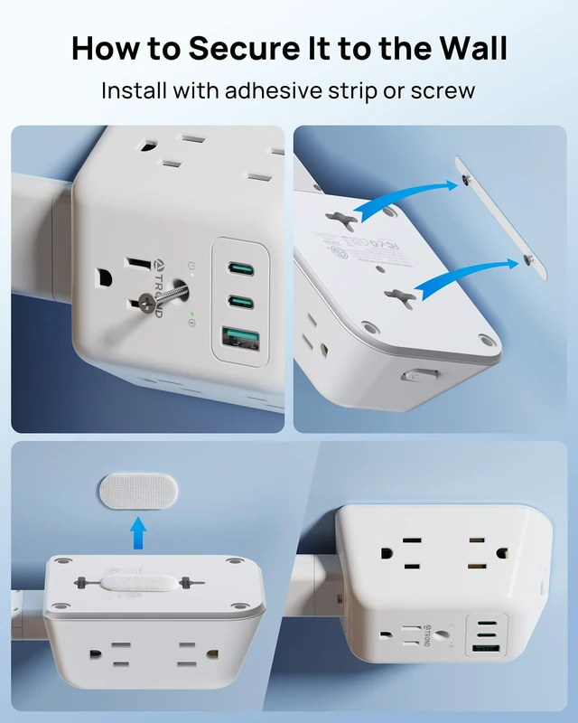 Alt view image 7 of 7 - TROND Outlet Extender Stick with 360 Rotating Plug - Surge Protector Outlet | 5 Sockets and 2 PD20W USB C Charger, 1440 Joule, 3 Modular Electrical Extendable Stick to Extend 16"-39" Behind Furnitures