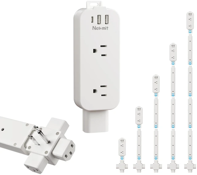 Main image of Nekmit Electrical Outlet Extender Stick, Wall Outlet Extender with 4 Rods, Extends 45.2", 4-Way Rotation, 2 USB-A+1 USB-C+2 AC, for Behind Couches, Nightstands, Desks