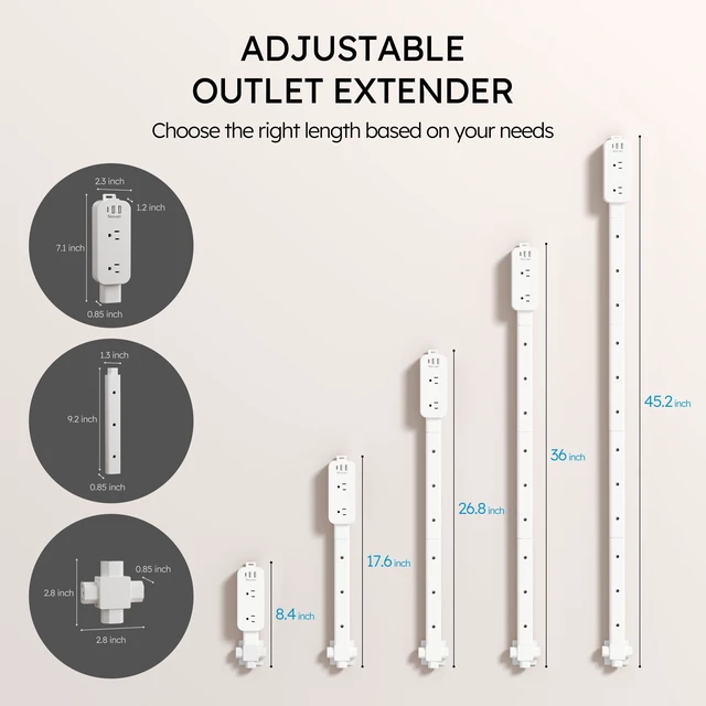 Alt view image 4 of 7 - Nekmit Electrical Outlet Extender Stick, Wall Outlet Extender with 4 Rods, Extends 45.2", 4-Way Rotation, 2 USB-A+1 USB-C+2 AC, for Behind Couches, Nightstands, Desks