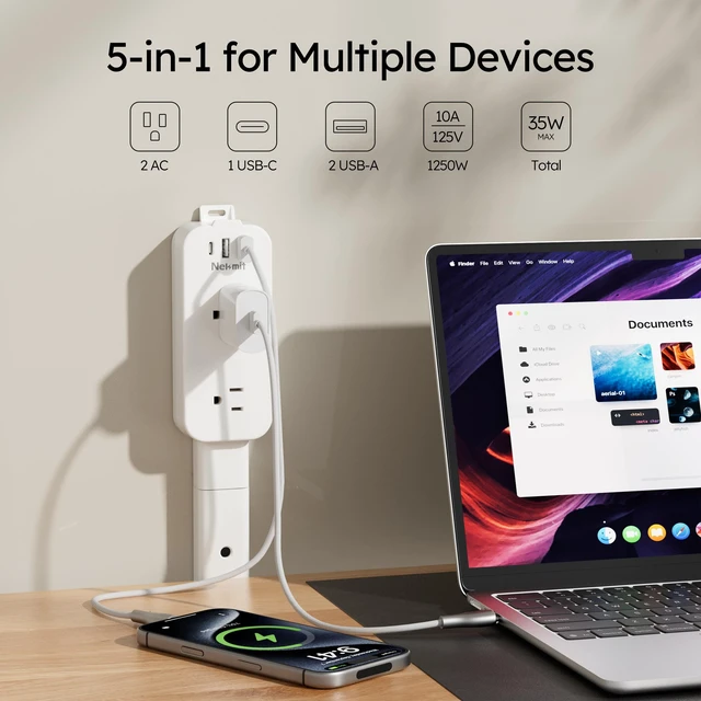 Alt view image 3 of 7 - Nekmit Electrical Outlet Extender Stick, Wall Outlet Extender with 4 Rods, Extends 45.2", 4-Way Rotation, 2 USB-A+1 USB-C+2 AC, for Behind Couches, Nightstands, Desks