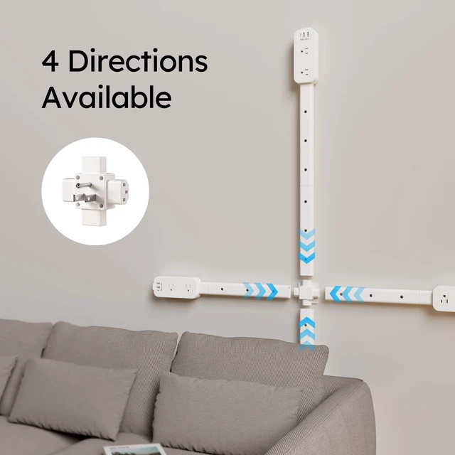 Alt view image 5 of 7 - Nekmit Electrical Outlet Extender Stick, Wall Outlet Extender with 4 Rods, Extends 45.2", 4-Way Rotation, 2 USB-A+1 USB-C+2 AC, for Behind Couches, Nightstands, Desks