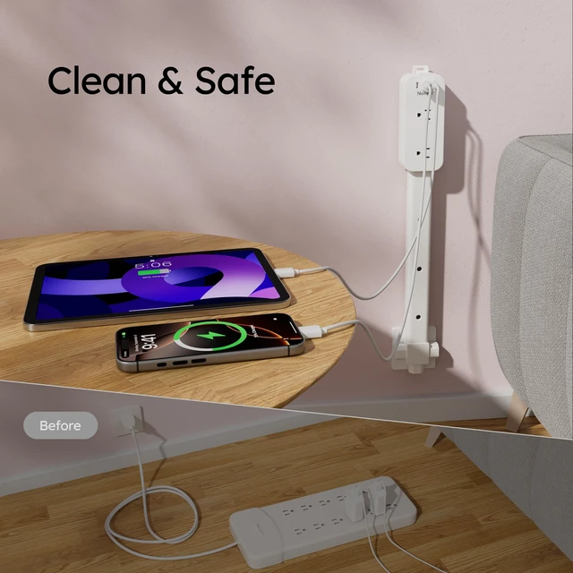Alt view image 7 of 7 - Nekmit Electrical Outlet Extender Stick, Wall Outlet Extender with 4 Rods, Extends 45.2", 4-Way Rotation, 2 USB-A+1 USB-C+2 AC, for Behind Couches, Nightstands, Desks
