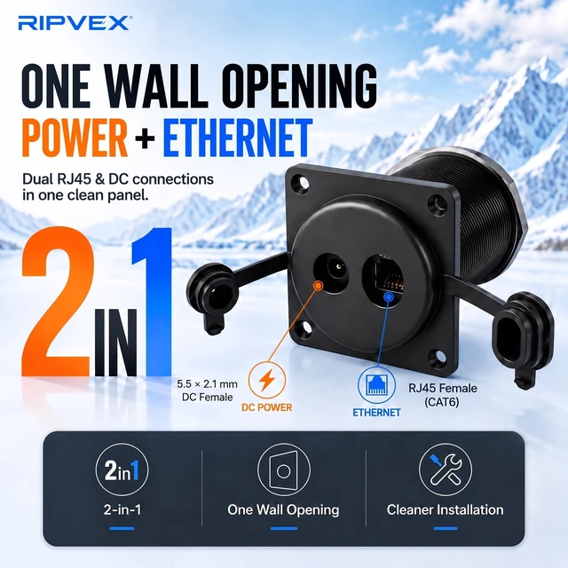 Alt view image 2 of 7 - Ripvex Starlink Wall Pass Through Kit, 2-in-1 Ethernet & DC Socket for RV | All-Aluminum CAT6 Ethernet & DC Power Wall Socket, IP67 Waterproof, for Starlink Mini, V5, Gen3 & Standard 4/4X RV Setups