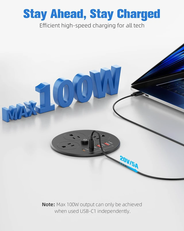 Alt view image 2 of 7 - 100W USB C Desktop Power Grommet, Double-Side 4 USB 5 Outlets (15Amp) | 4inch Hole Flush-Mount Recessed Power strip for Workspace Essential Desk Outlet Countertop Black