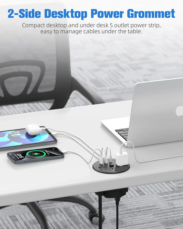 Alt view image 3 of 7 - 100W USB C Desktop Power Grommet, Double-Side 4 USB 5 Outlets (15Amp) | 4inch Hole Flush-Mount Recessed Power strip for Workspace Essential Desk Outlet Countertop Black