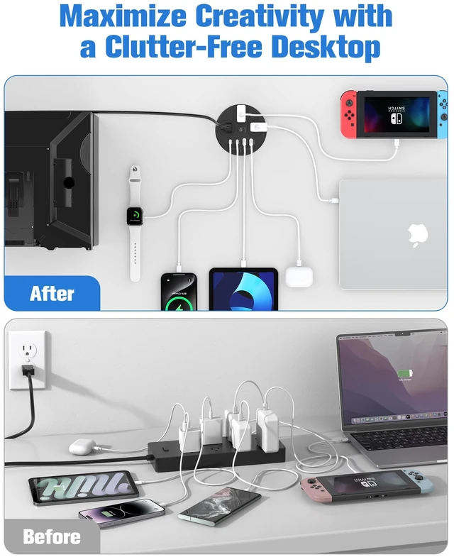 Alt view image 5 of 7 - 100W USB C Desktop Power Grommet, Double-Side 4 USB 5 Outlets (15Amp) | 4inch Hole Flush-Mount Recessed Power strip for Workspace Essential Desk Outlet Countertop Black