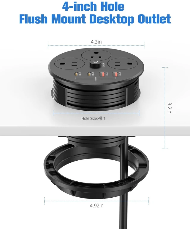 Alt view image 6 of 7 - 100W USB C Desktop Power Grommet, Double-Side 4 USB 5 Outlets (15Amp) | 4inch Hole Flush-Mount Recessed Power strip for Workspace Essential Desk Outlet Countertop Black