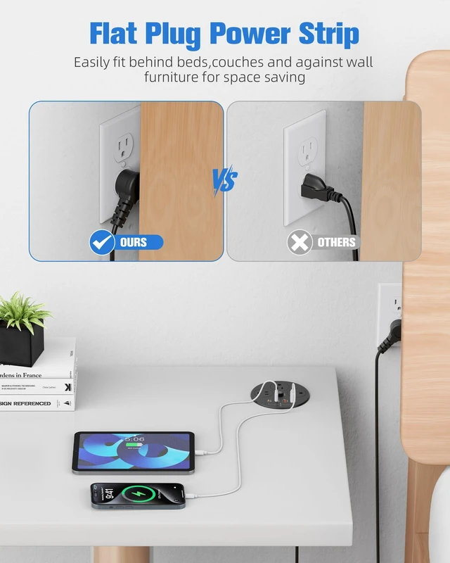 Alt view image 4 of 7 - 100W USB C Desktop Power Grommet, Double-Side 4 USB 5 Outlets (15Amp) | 4inch Hole Flush-Mount Recessed Power strip for Workspace Essential Desk Outlet Countertop Black
