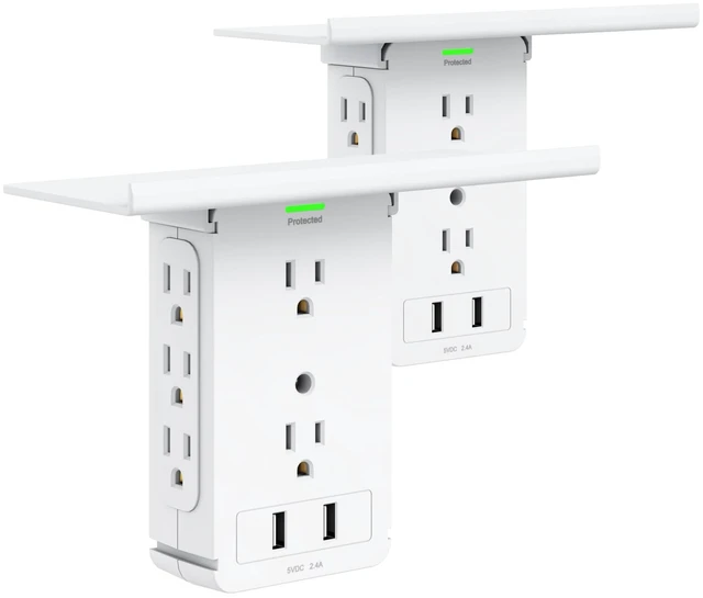 Main image of Socket Wall Shelf-CFMASTER 10 Port Surge Protector Wall Outlet, 8 Electrical Outlet Extenders and 2 USB Ports 2.4A, with Removable Built-In Shelf, FCC Listed (2, White)
