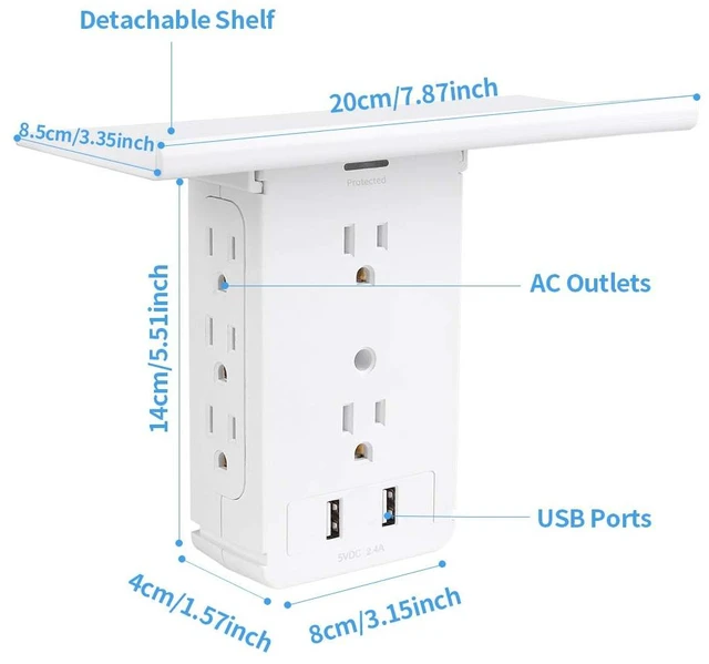Alt view image 4 of 7 - Socket Wall Shelf-CFMASTER 10 Port Surge Protector Wall Outlet, 8 Electrical Outlet Extenders and 2 USB Ports 2.4A, with Removable Built-In Shelf, FCC Listed (2, White)