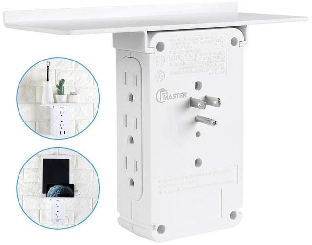Alt view image 7 of 7 - Socket Wall Shelf-CFMASTER 10 Port Surge Protector Wall Outlet, 8 Electrical Outlet Extenders and 2 USB Ports 2.4A, with Removable Built-In Shelf, FCC Listed (2, White)