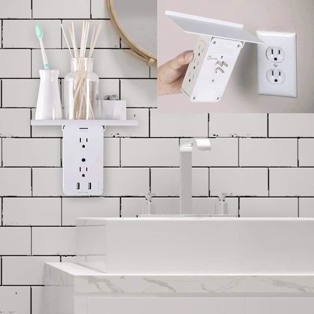 Alt view image 6 of 7 - Socket Wall Shelf-CFMASTER 10 Port Surge Protector Wall Outlet, 8 Electrical Outlet Extenders and 2 USB Ports 2.4A, with Removable Built-In Shelf, FCC Listed (2, White)