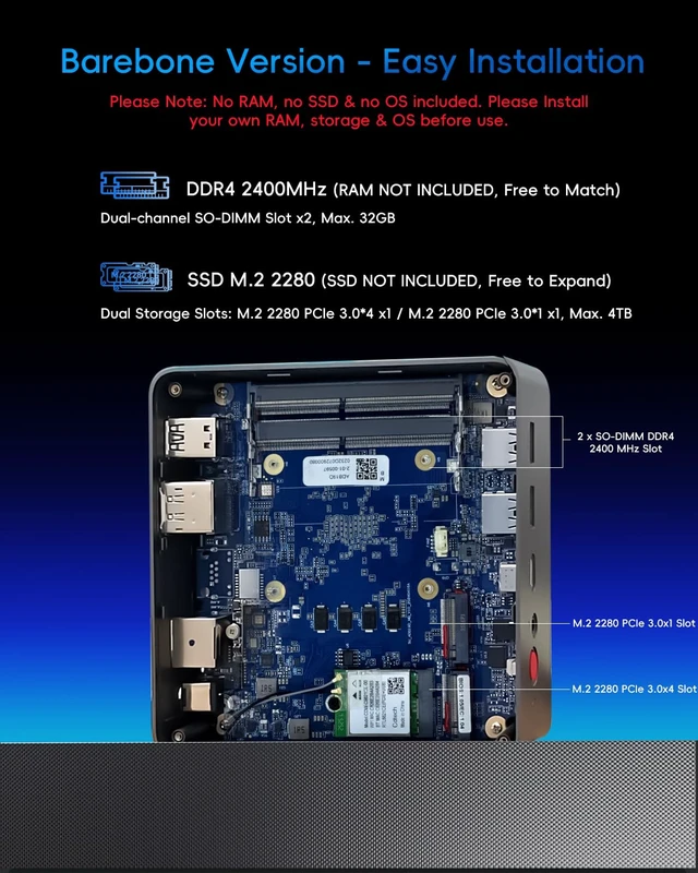 Alt view image 2 of 7 - Barebone Mini PC, AMD Ryzen 5 3500U (up to 3.7GHz), Without RAM/SSD/OS | Desktop Computer for Home Office Business Students, Triple 4K Display via USB-C, HDMI, DP, 3X USB 3.2, WiFi, BT