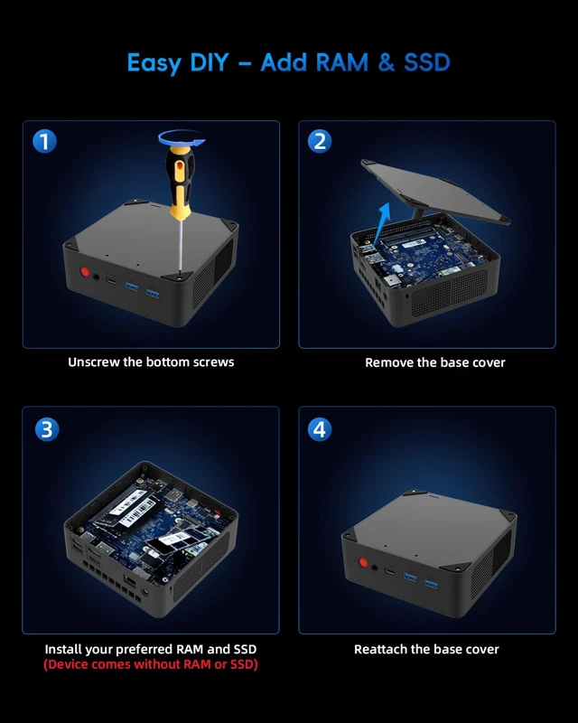 Alt view image 4 of 7 - Barebone Mini PC, AMD Ryzen 5 3500U (up to 3.7GHz), Without RAM/SSD/OS | Desktop Computer for Home Office Business Students, Triple 4K Display via USB-C, HDMI, DP, 3X USB 3.2, WiFi, BT