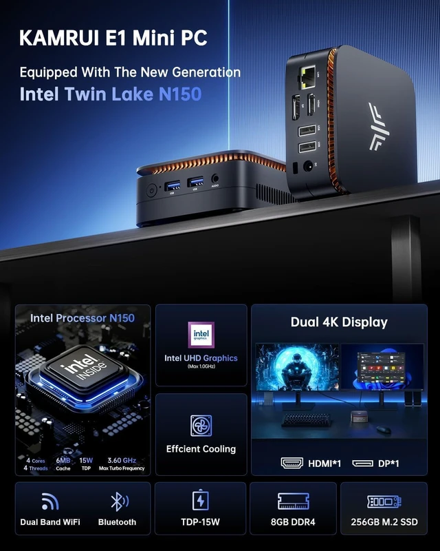 Alt view image 2 of 7 - KAMRUI Essenx E1 Mini PC, 8GB DDR4 RAM 256GB M.2 SSD, Mini Computer Twin Lake N150 (Beat N100/N95,up to 3.6GHz), Desktop Computer Dual 4K, Ethernet, WiFi, Bluetooth for Business, Office, Home