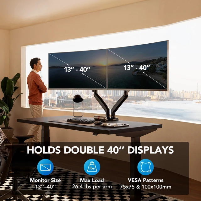Alt view image 2 of 7 - HUANUO Dual Monitor Stand for 1340, Premium Dual Monitor Mount with USB, Height Adjustable Monitor Stand for 2 Monitors, VESA Mount with Clamp/Grommet Base, Holds 26.4lbs per Arm, HNDS7