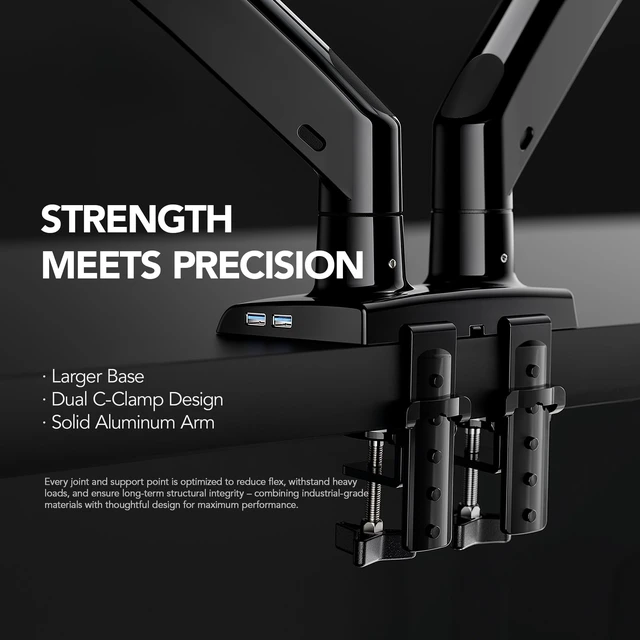 Alt view image 6 of 7 - HUANUO Dual Monitor Stand for 1340, Premium Dual Monitor Mount with USB, Height Adjustable Monitor Stand for 2 Monitors, VESA Mount with Clamp/Grommet Base, Holds 26.4lbs per Arm, HNDS7